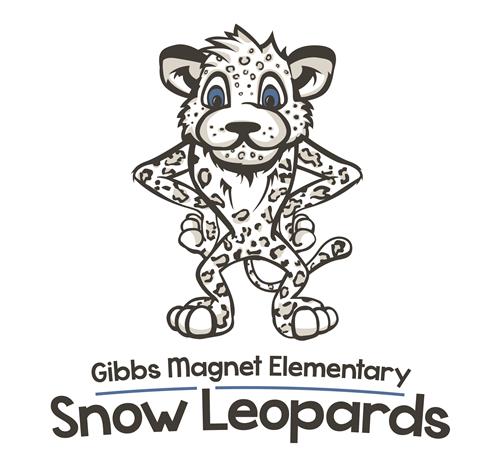 Gibbs snow leopard mascot photo (full body on top of Gibbs Magnet Elementary spelled out)
